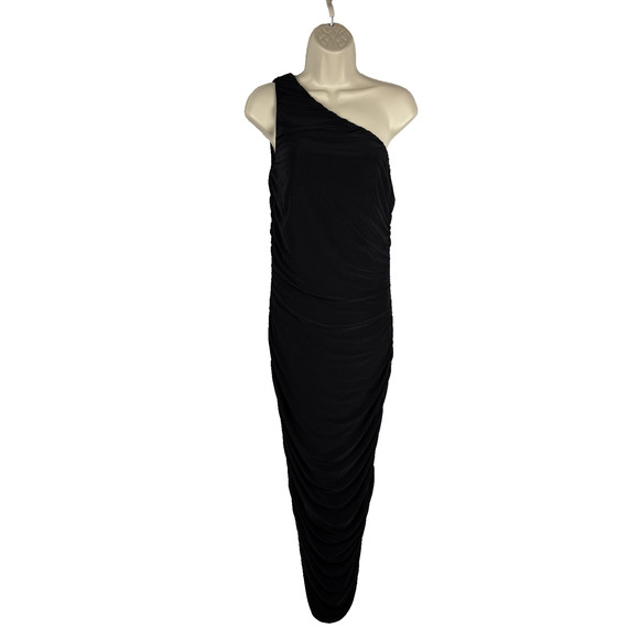 Missguided One Shoulder Black Cocktail Midi Dress Size 10 Slinky Ruched - Picture 1 of 12